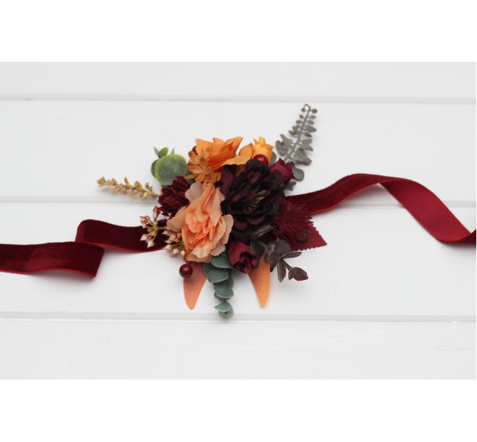 Wedding Boutonnieres & Wrist Corsage in Rust, Burgundy, Cinnamon & Orange | Faux Flower Accessories