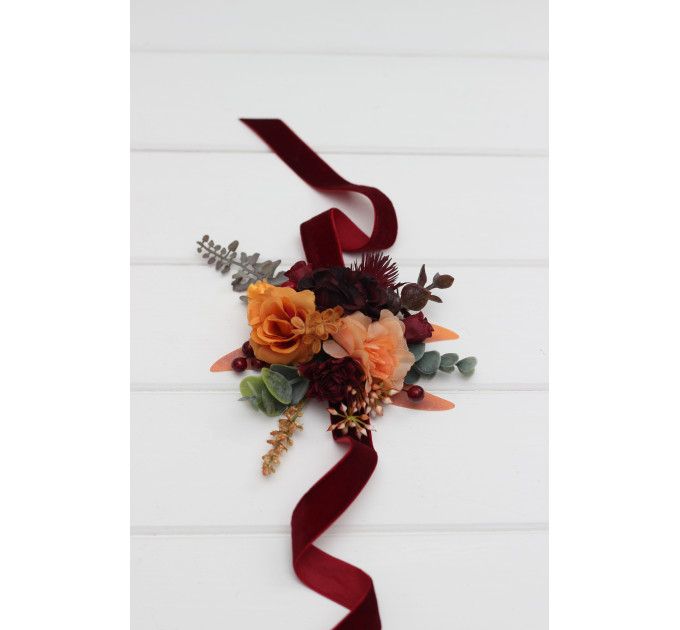 Wedding Boutonnieres & Wrist Corsage in Rust, Burgundy, Cinnamon & Orange | Faux Flower Accessories