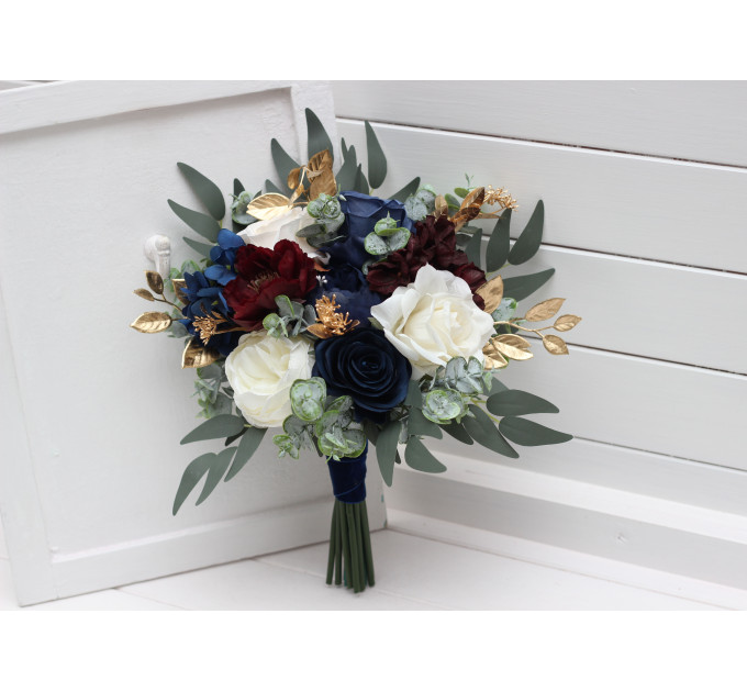 Small Wedding Bouquet in Navy Blue, Burgundy, Ivory & Gold
