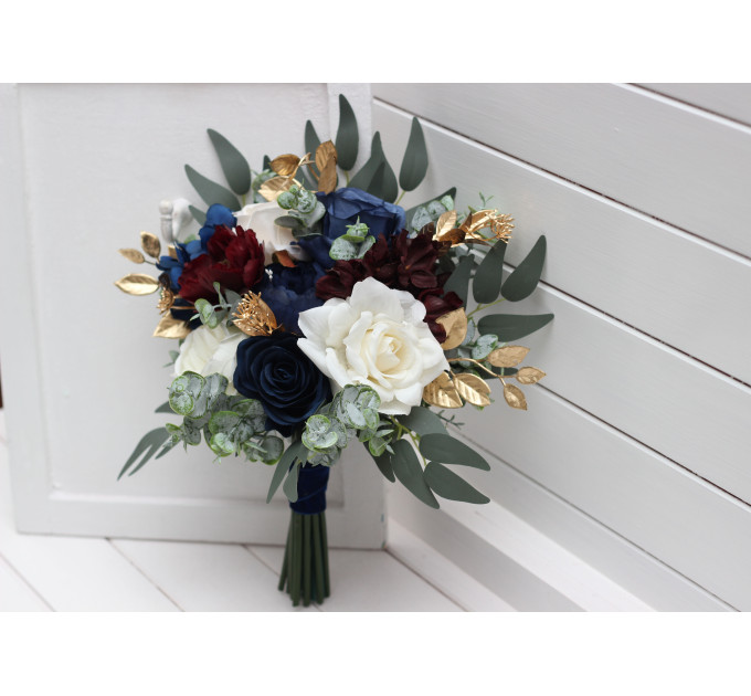 Small Wedding Bouquet in Navy Blue, Burgundy, Ivory & Gold