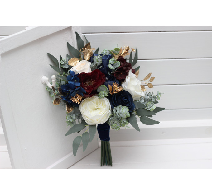 Small Wedding Bouquet in Navy Blue, Burgundy, Ivory & Gold