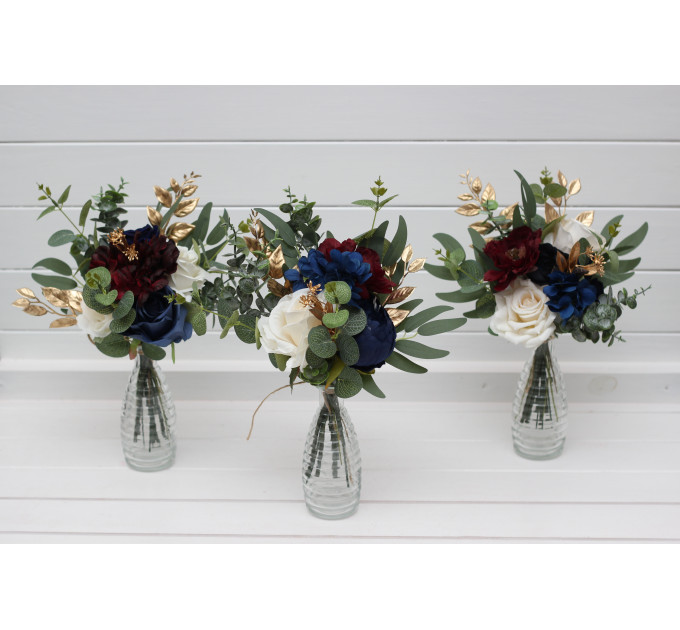Wedding Table Flowers in Navy Blue, Burgundy, Ivory & Gold
