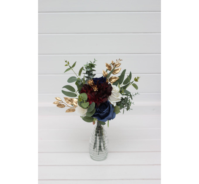 Wedding Table Flowers in Navy Blue, Burgundy, Ivory & Gold