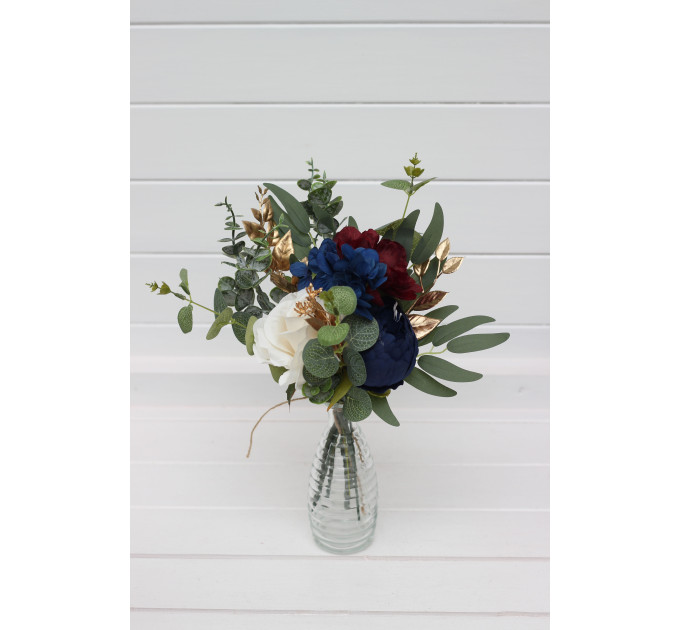 Wedding Table Flowers in Navy Blue, Burgundy, Ivory & Gold