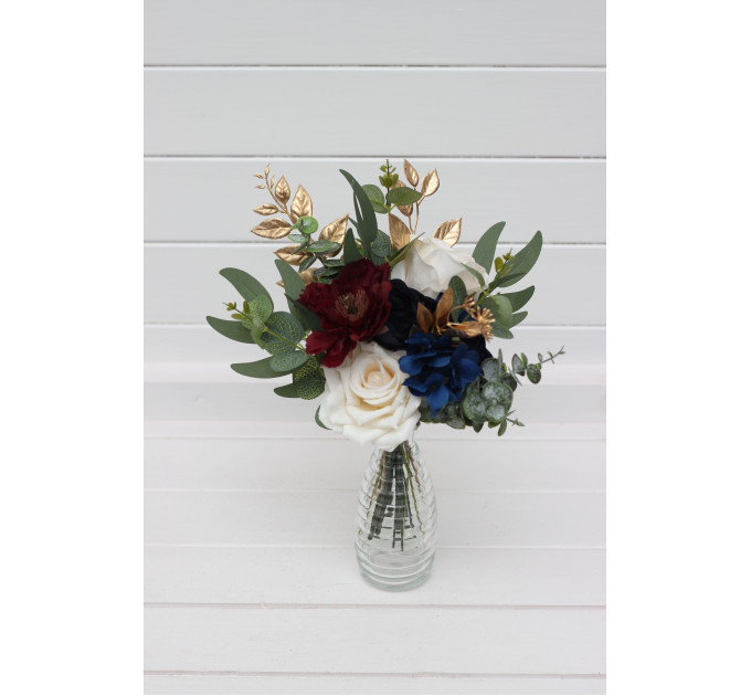 Wedding Table Flowers in Navy Blue, Burgundy, Ivory & Gold