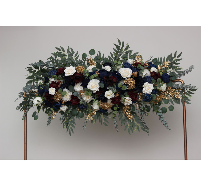 Elegant Ceremony Arch Flowers in Navy Blue, Burgundy, Ivory & Gold