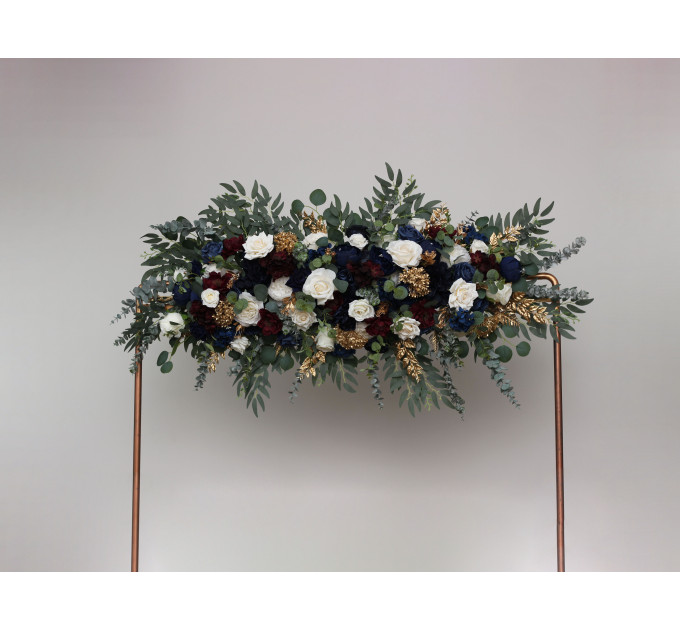 Elegant Ceremony Arch Flowers in Navy Blue, Burgundy, Ivory & Gold