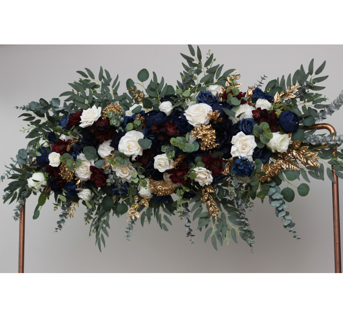 Elegant Ceremony Arch Flowers in Navy Blue, Burgundy, Ivory & Gold