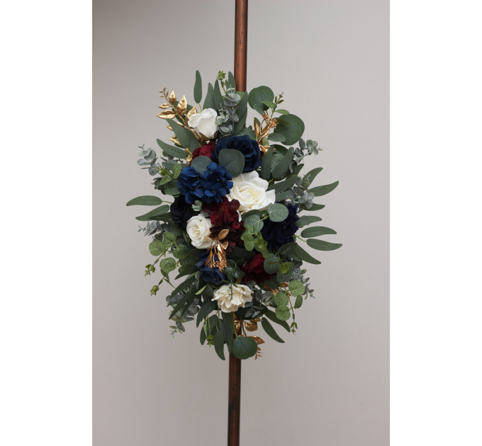 Elegant Ceremony Arch Flowers in Navy Blue, Burgundy, Ivory & Gold
