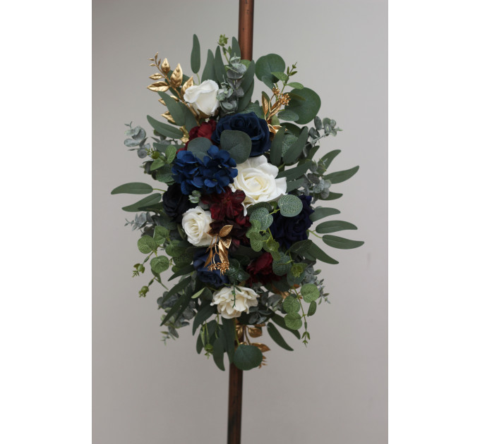 Elegant Ceremony Arch Flowers in Navy Blue, Burgundy, Ivory & Gold
