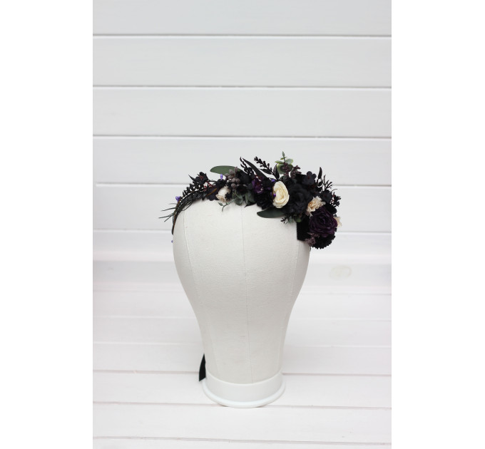 Moody Bridal Flower Crown in Deep Purple, Black, Ivory & Green