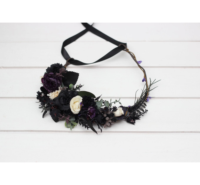 Moody Bridal Flower Crown in Deep Purple, Black, Ivory & Green
