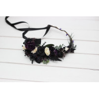 Deep Purple, Black, Ivory & Green Gothic Floral Crown 5289