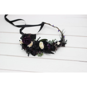 Deep Purple, Black, Ivory & Green Gothic Floral Crown 5289