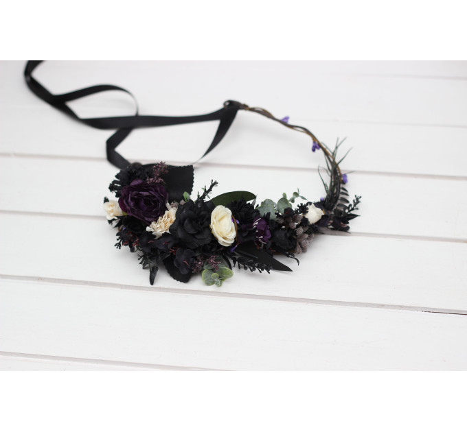 Moody Bridal Flower Crown in Deep Purple, Black, Ivory & Green