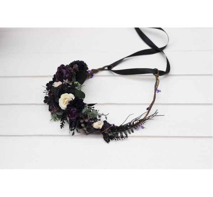 Moody Bridal Flower Crown in Deep Purple, Black, Ivory & Green