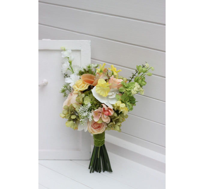 Peach, Yellow, White & Dusty Olive Asymmetrical Bridal Bouquet