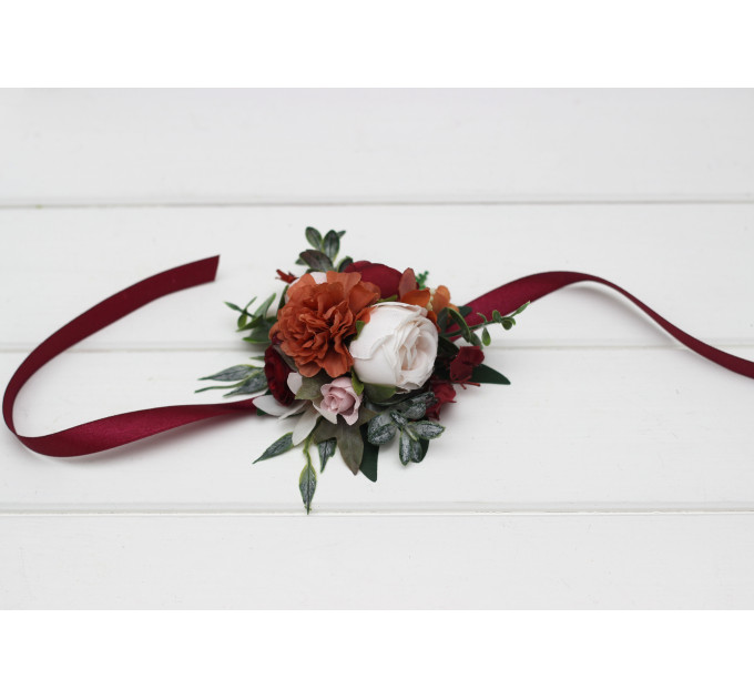 Floral Bracelet in Burgundy, Rust & Blush Pink for Wedding and Prom