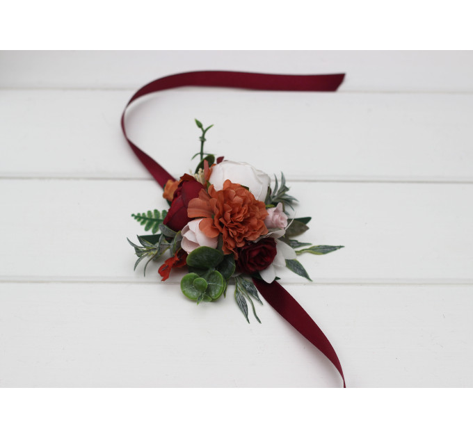 Floral Bracelet in Burgundy, Rust & Blush Pink for Wedding and Prom