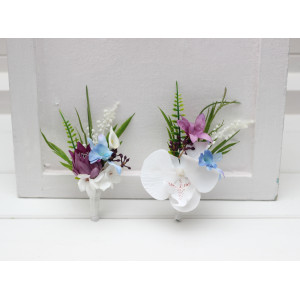 White, Blue & Magenta Exotic Wedding Boutonnieres. 5274