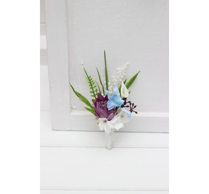 Tropical Boutonnieres in White, Blue & Magenta for Groom & Groomsmen