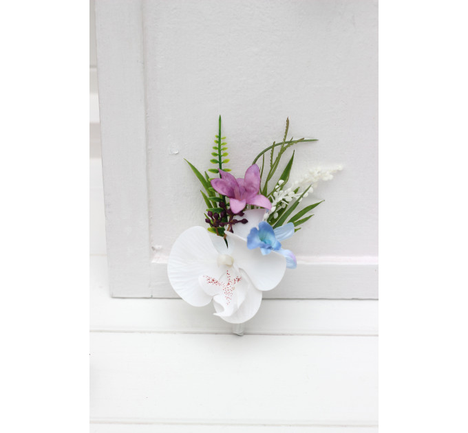 Tropical Boutonnieres in White, Blue & Magenta for Groom & Groomsmen