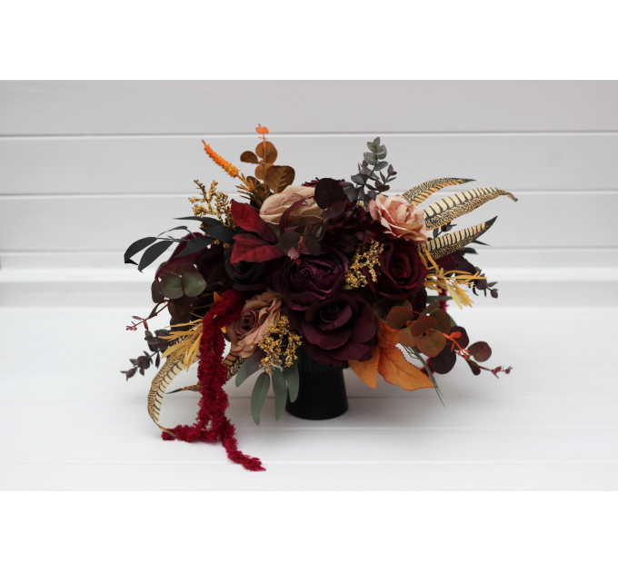 Wedding Table Centerpiece in Purple, Burgundy, Cinnamon & Beige