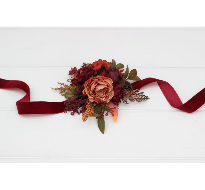 Floral Wrist Bracelet in Burgundy, Deep Red & Orange