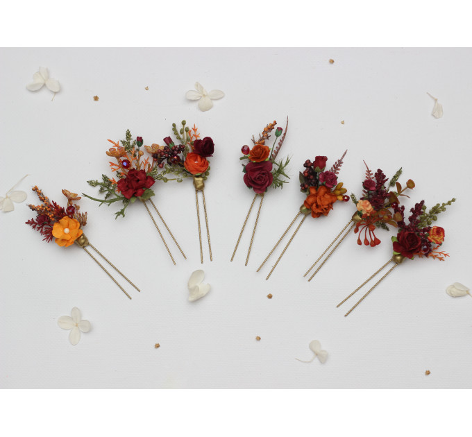 Autumn Bridal Hair Pins in Burgundy, Rust, Orange & Olive Green