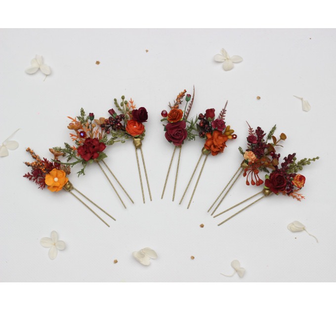 Autumn Bridal Hair Pins in Burgundy, Rust, Orange & Olive Green