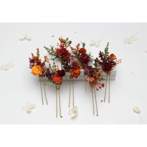 Set of 7 Burgundy, Rust, Orange & Olive Green Floral Hair Pins 5498