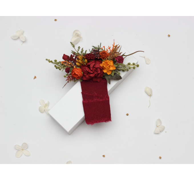 Autumn Wedding Pocket Flowers in Burgundy, Rust, Orange & Olive Green