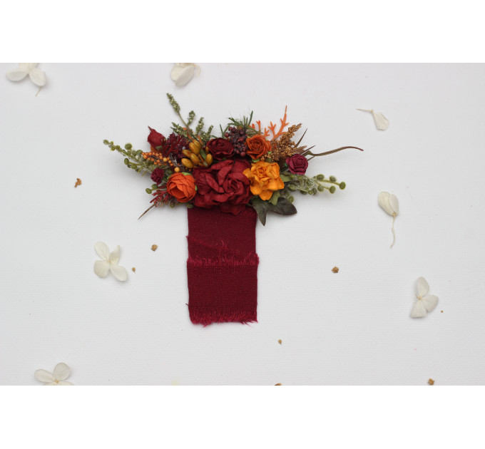 Autumn Wedding Pocket Flowers in Burgundy, Rust, Orange & Olive Green