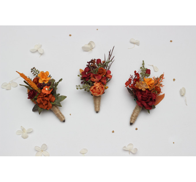 Autumn Wedding Boutonniere in Burgundy, Rust, Orange & Olive Green