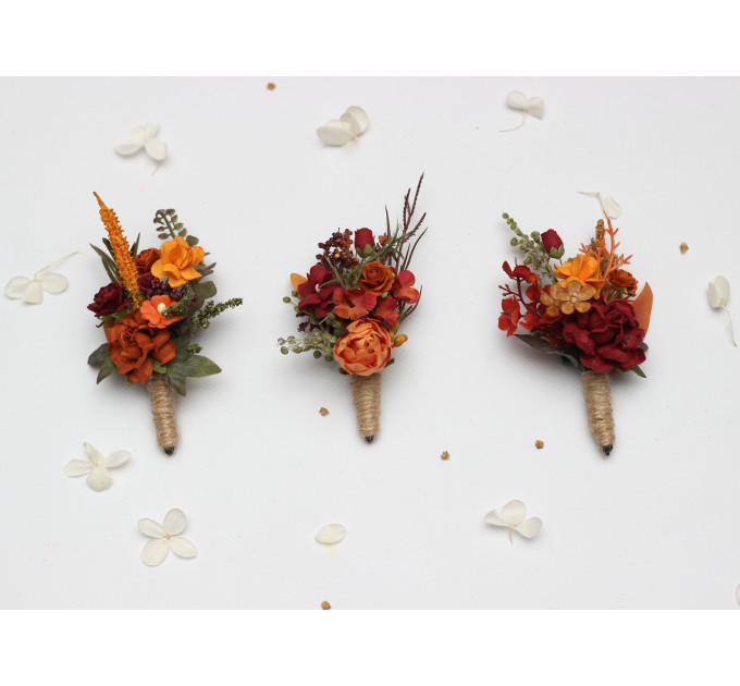 Autumn Wedding Boutonniere in Burgundy, Rust, Orange & Olive Green