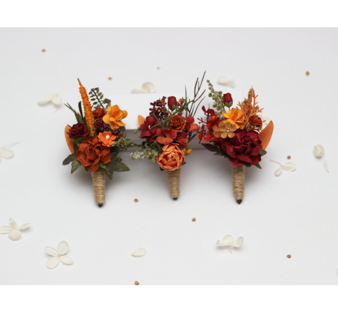 Autumn Wedding Boutonniere in Burgundy, Rust, Orange & Olive Green