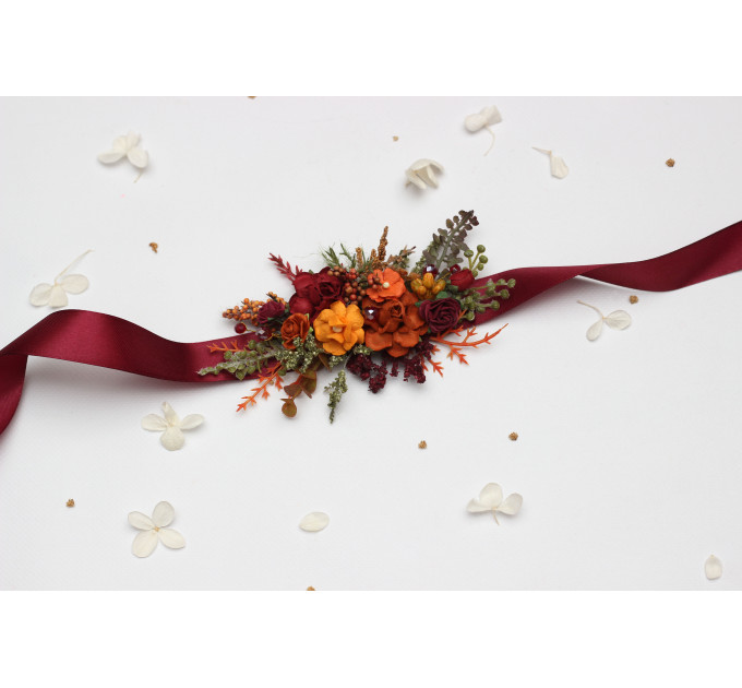Autumn Wedding Floral Sash in Burgundy, Rust, Orange & Olive Green
