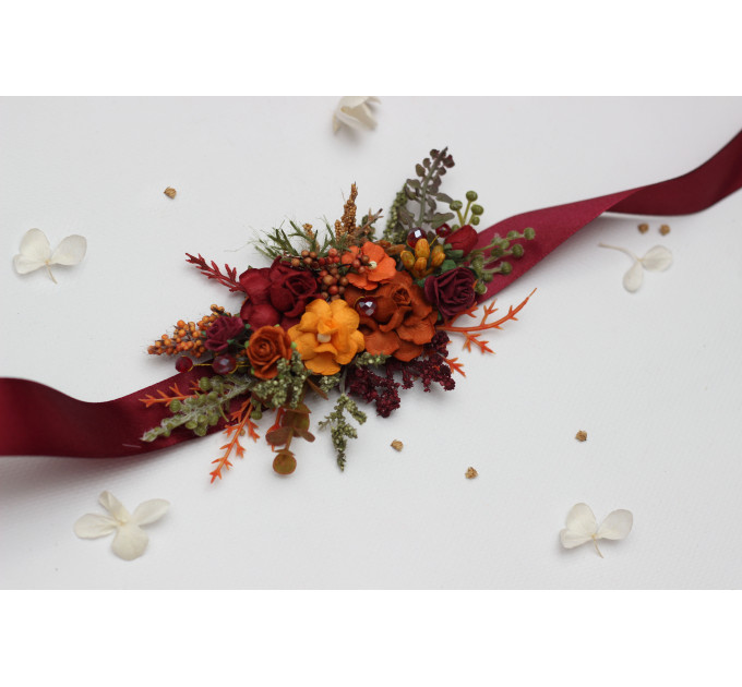 Autumn Wedding Floral Sash in Burgundy, Rust, Orange & Olive Green