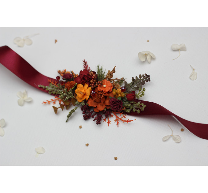 Autumn Wedding Floral Sash in Burgundy, Rust, Orange & Olive Green