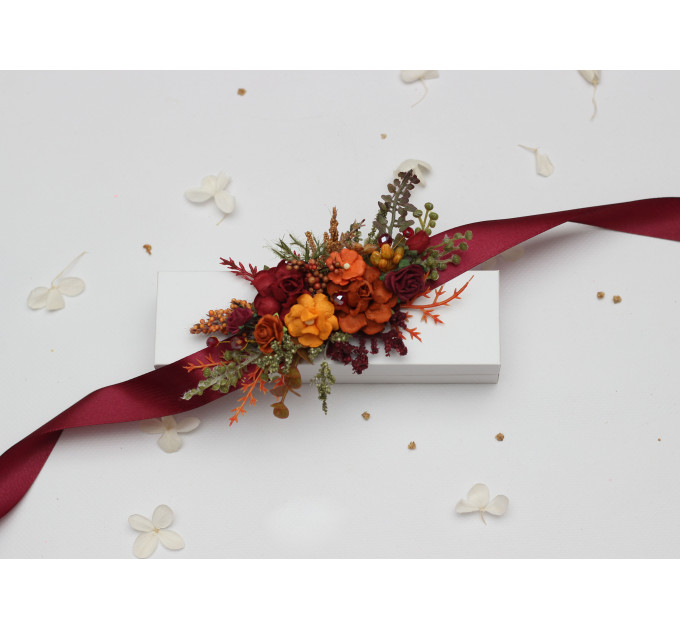 Autumn Wedding Floral Sash in Burgundy, Rust, Orange & Olive Green