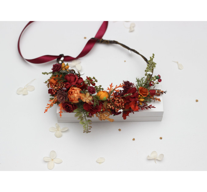 Autumn Floral Headpiece in Burgundy, Rust, Orange & Olive Green