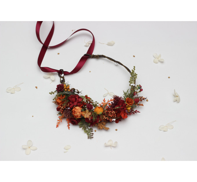 Autumn Floral Headpiece in Burgundy, Rust, Orange & Olive Green