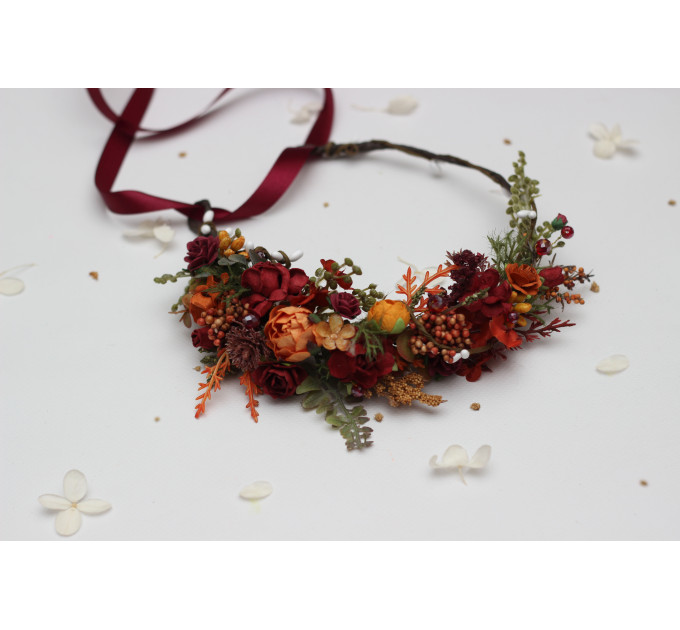 Autumn Floral Headpiece in Burgundy, Rust, Orange & Olive Green