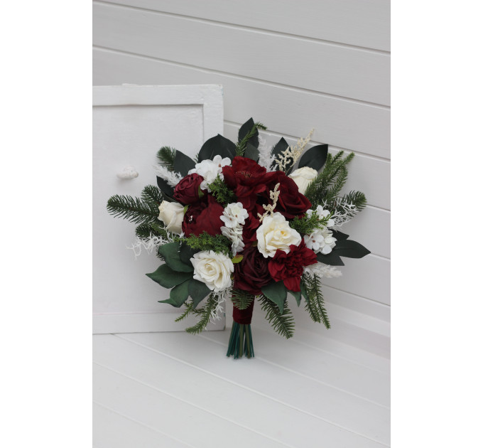Winter Cascading Bouquet with Burgundy, Ivory Flowers and Pine