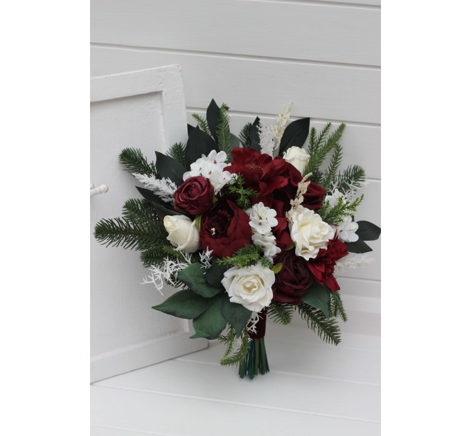 Winter Cascading Bouquet with Burgundy, Ivory Flowers and Pine