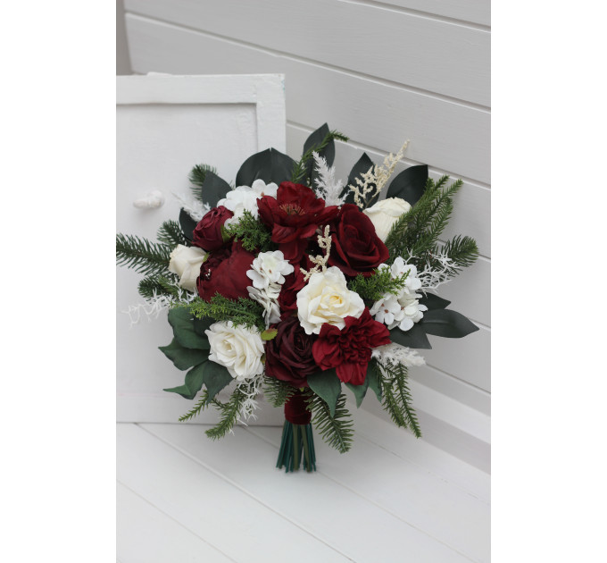 Winter Cascading Bouquet with Burgundy, Ivory Flowers and Pine