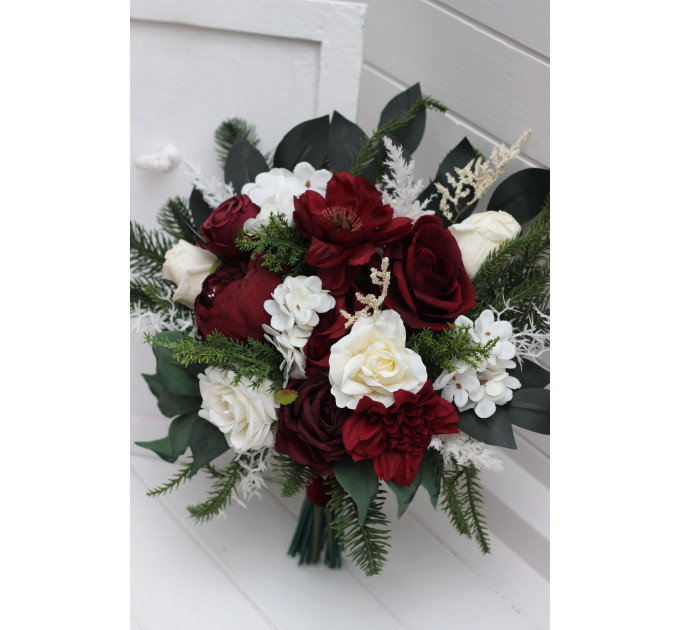 Winter Cascading Bouquet with Burgundy, Ivory Flowers and Pine