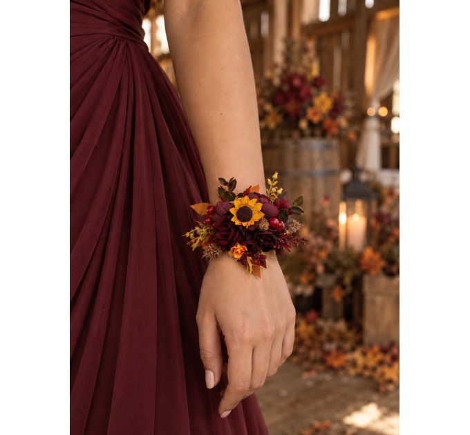 Purple, Burgundy & Orange Sunflower Wedding Boutonnieres & Corsages