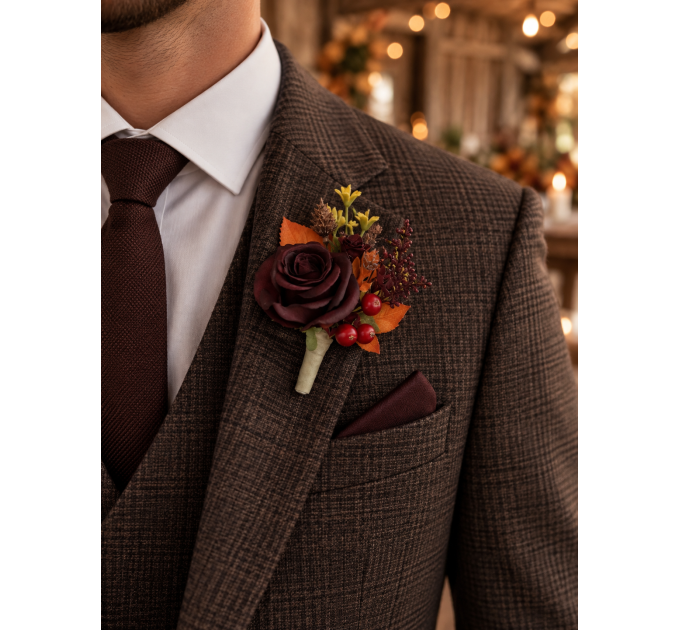 Purple, Burgundy & Orange Sunflower Wedding Boutonnieres & Corsages