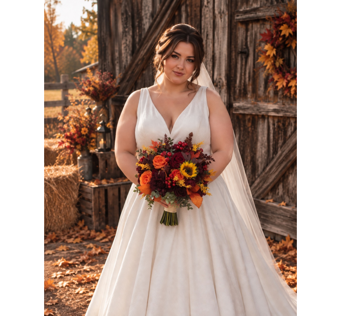 Burgundy, Orange & Purple Sunflower Bridal Bouquet | Faux Fall Wedding Flowers